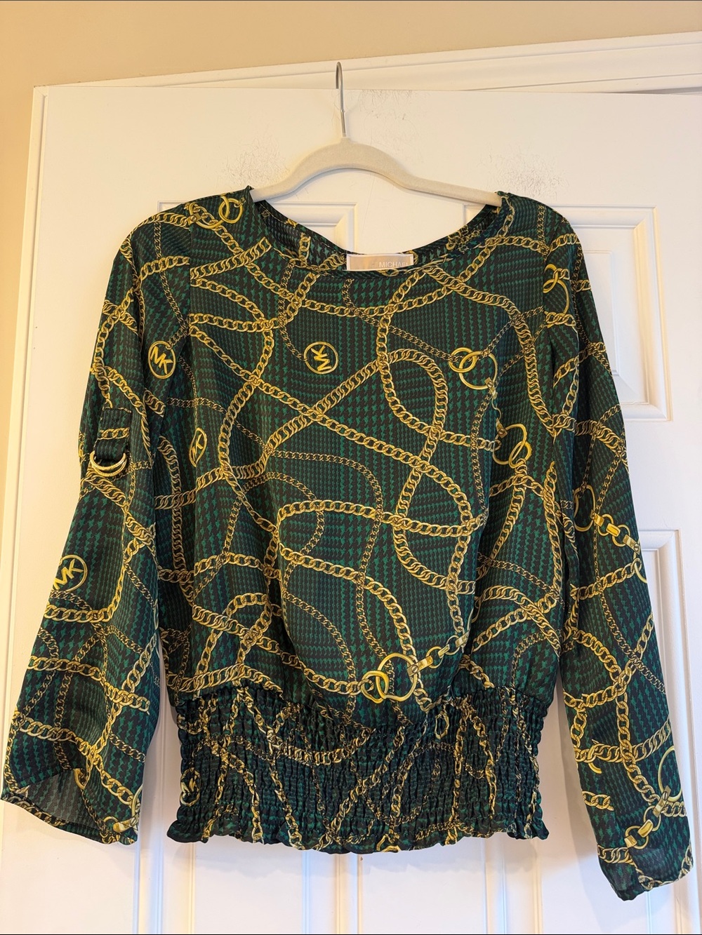 Michael Kors Green Gold Chain Blouse XS